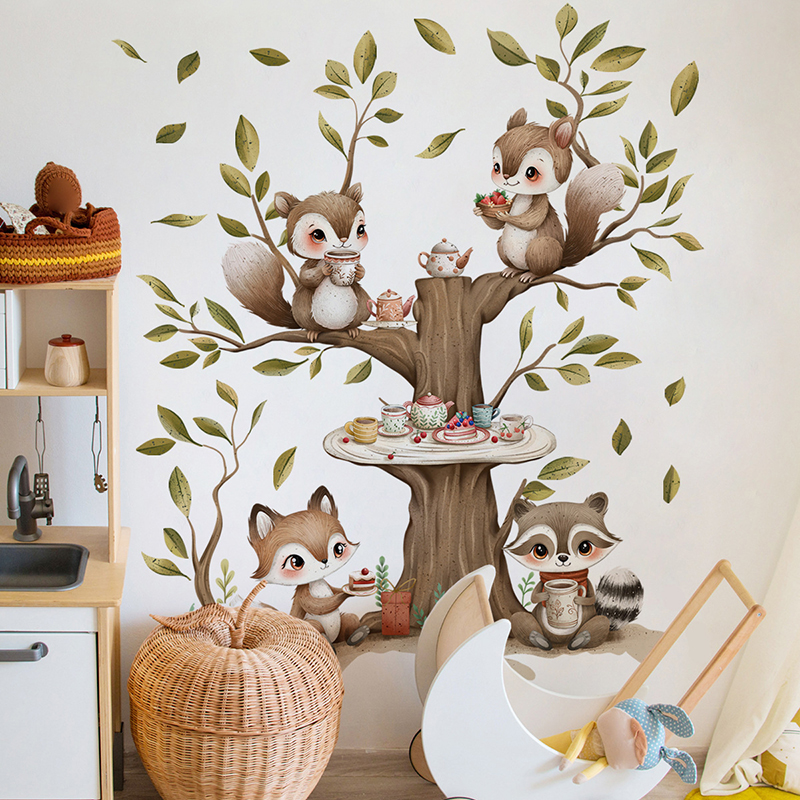Baby Nursery Tree - Cartoon Animal Squirrel Tree Trunk Wall