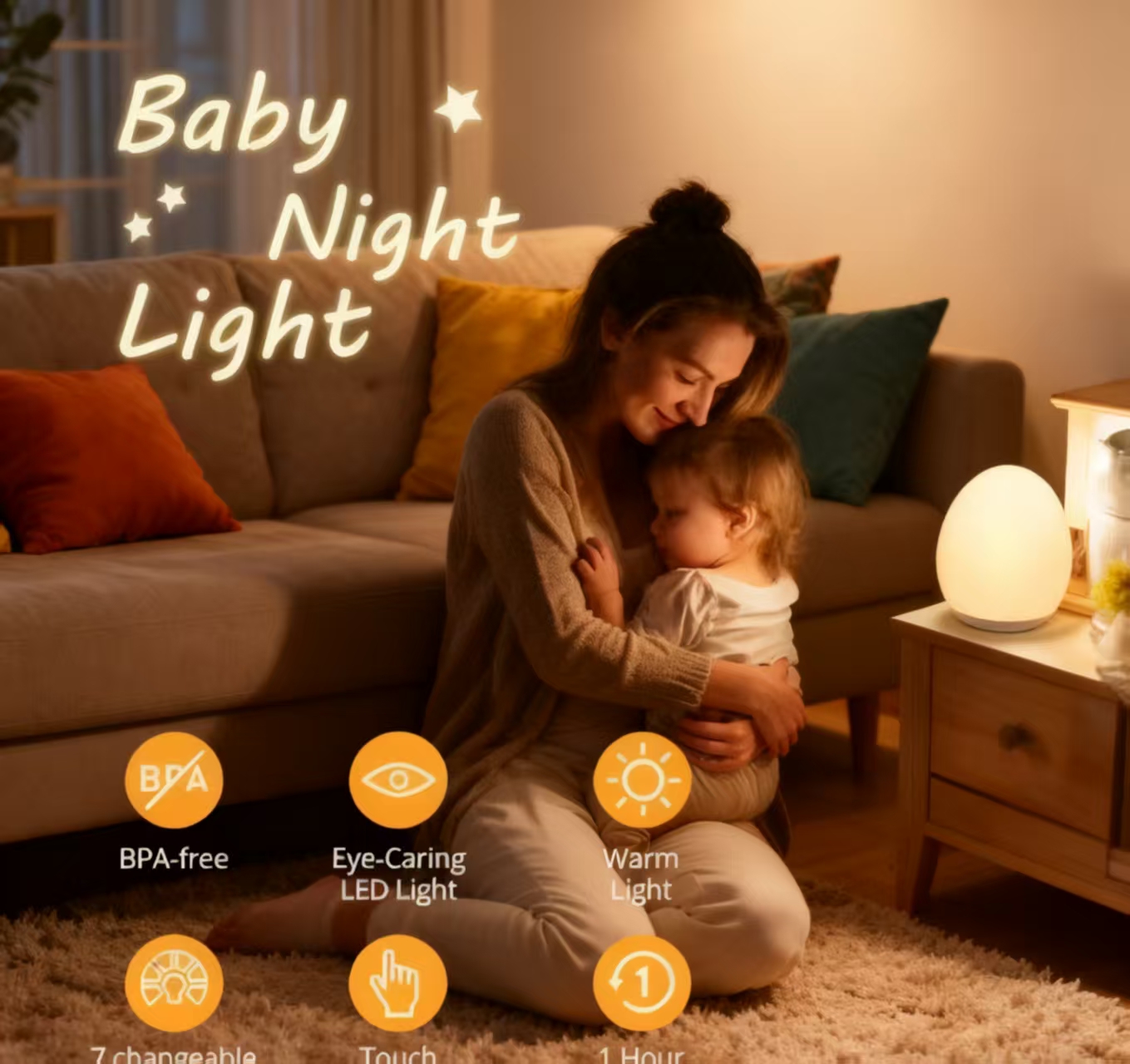 Baby Nursery Usa - “Egg-Shaped Silicone Night Light, Touch-Dimmable 7-Color