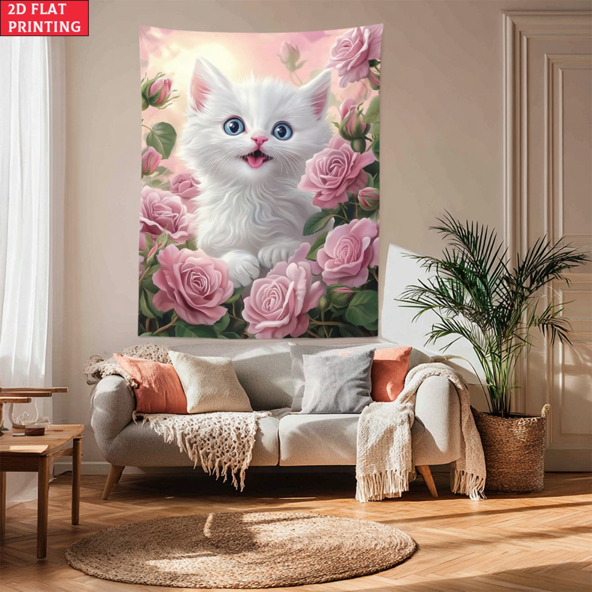 Baby Nursery Colors - Cute white kitten rose garden tapestry