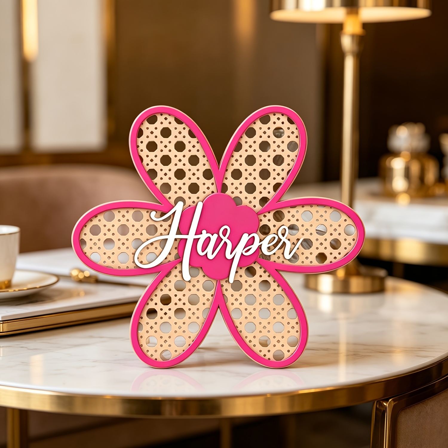 Baby Nursery Usa - Personalized Boho Rattan Flower Name Sign,