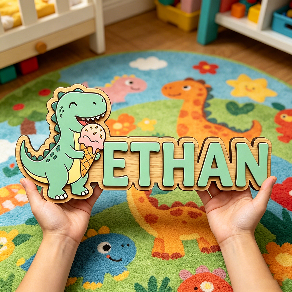 Baby Nursery Usa - Whimsical Ice Cream Dinosaur Custom Name