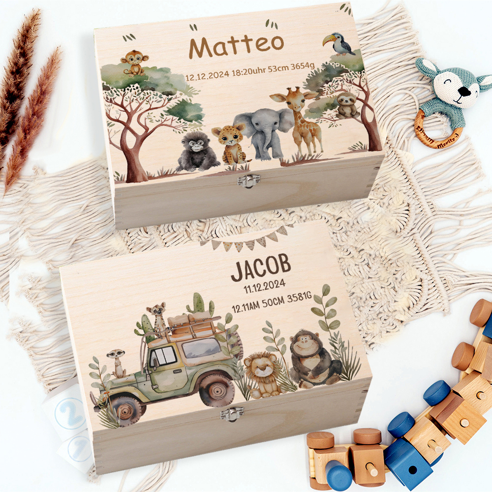 Baby Keepsake Box - Personalized Memory Box with Trip Animals