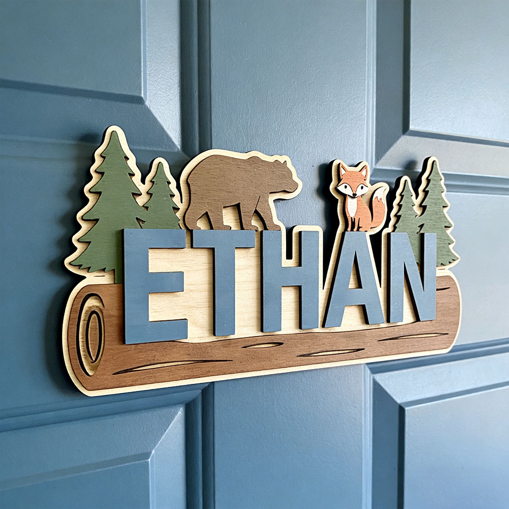 Baby Nursery Usa - Woodland Forest Animal Personalized Name Wooden
