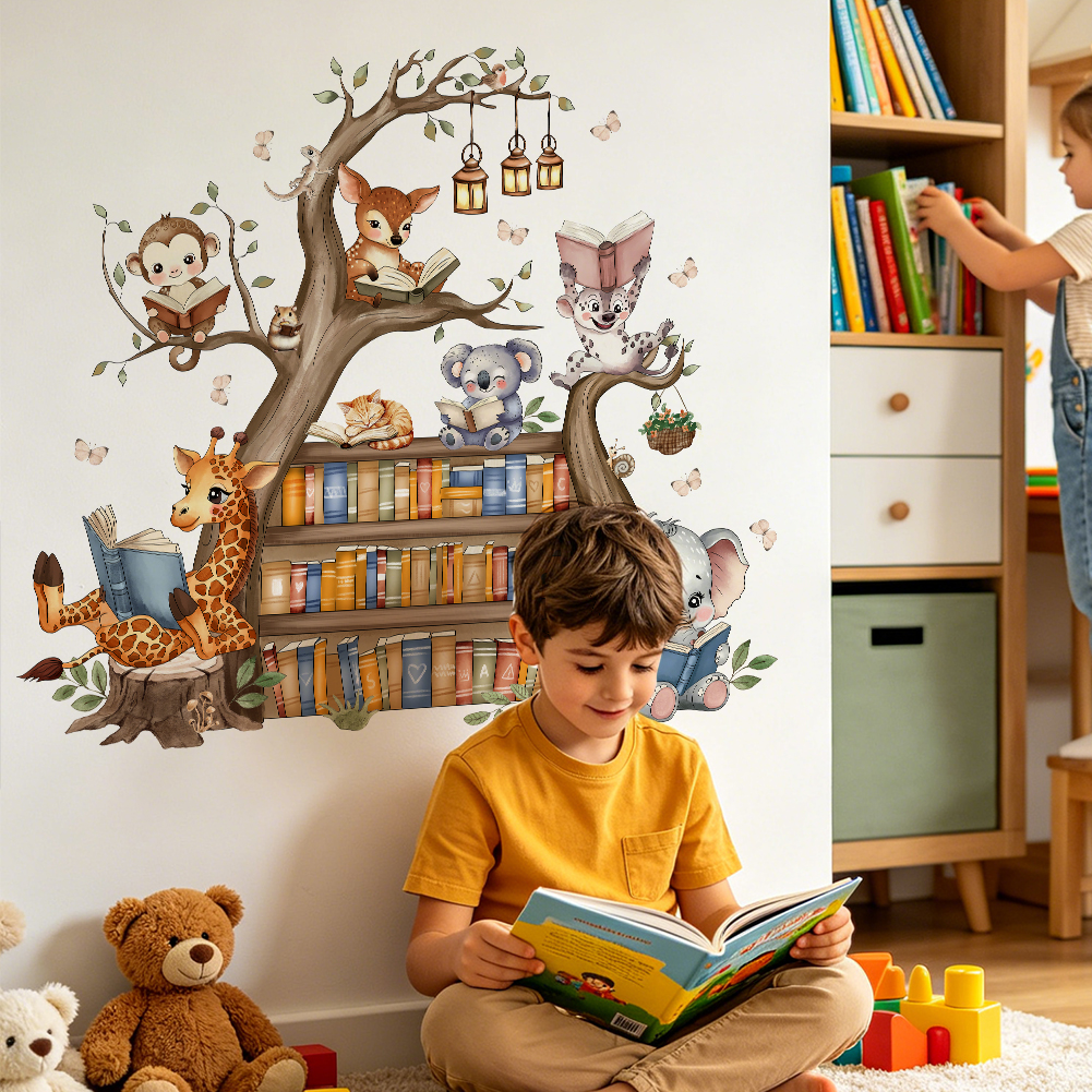 Baby Nursery Tree - Cute Jungle Animals Reading Books Tree