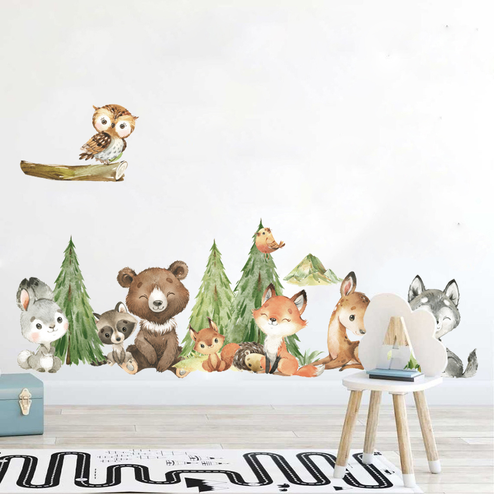Baby Nursery Tree - Cartoon Watercolor Forest Animal Wall Sticker