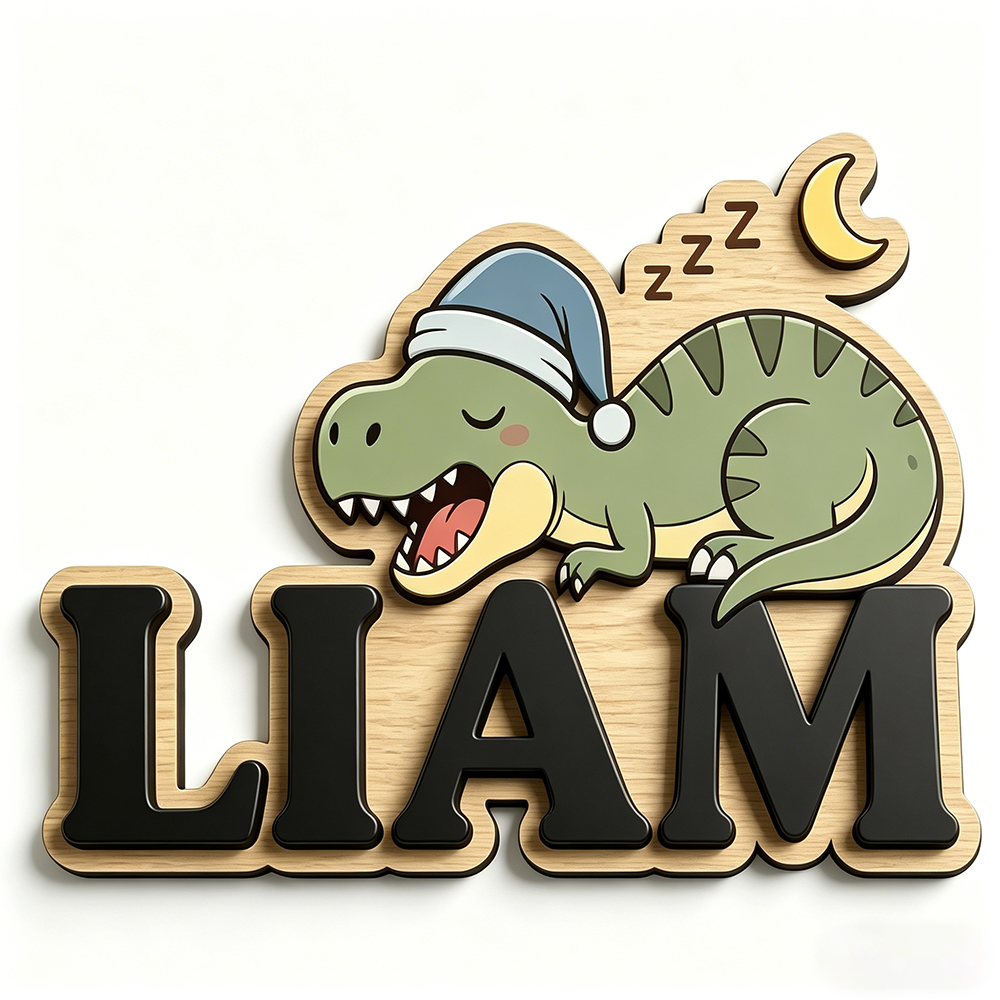 Baby Nursery Usa - Personalized Sleepy Dinosaur Name Sign, Wooden