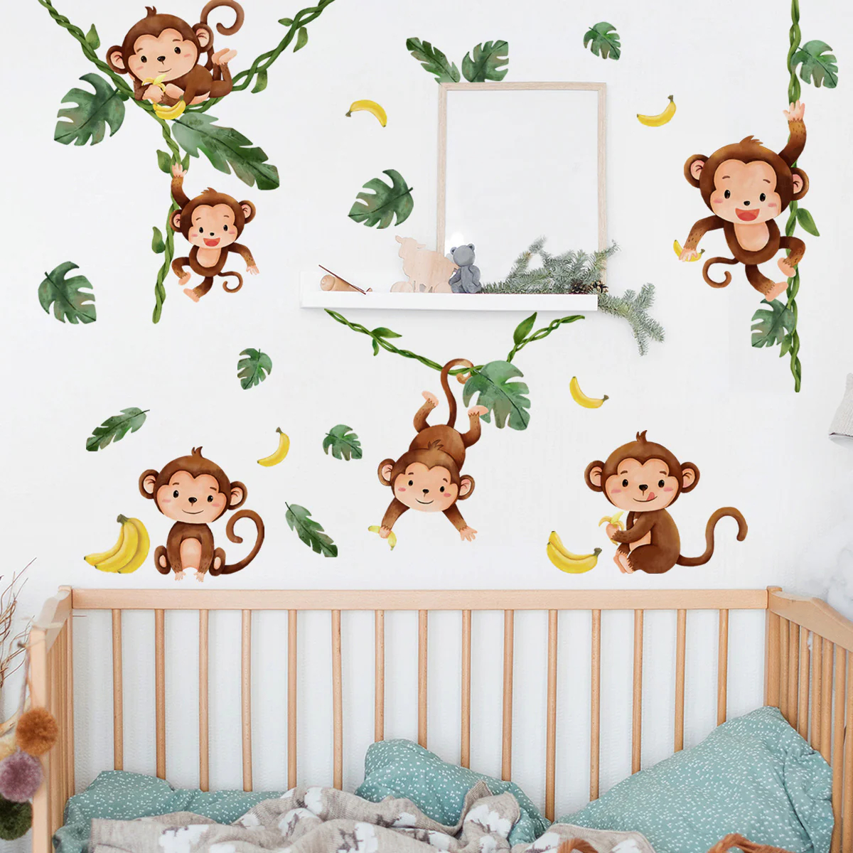 Baby Nursery Tree - Watercolor Monkeys Tree Vines Border Wall
