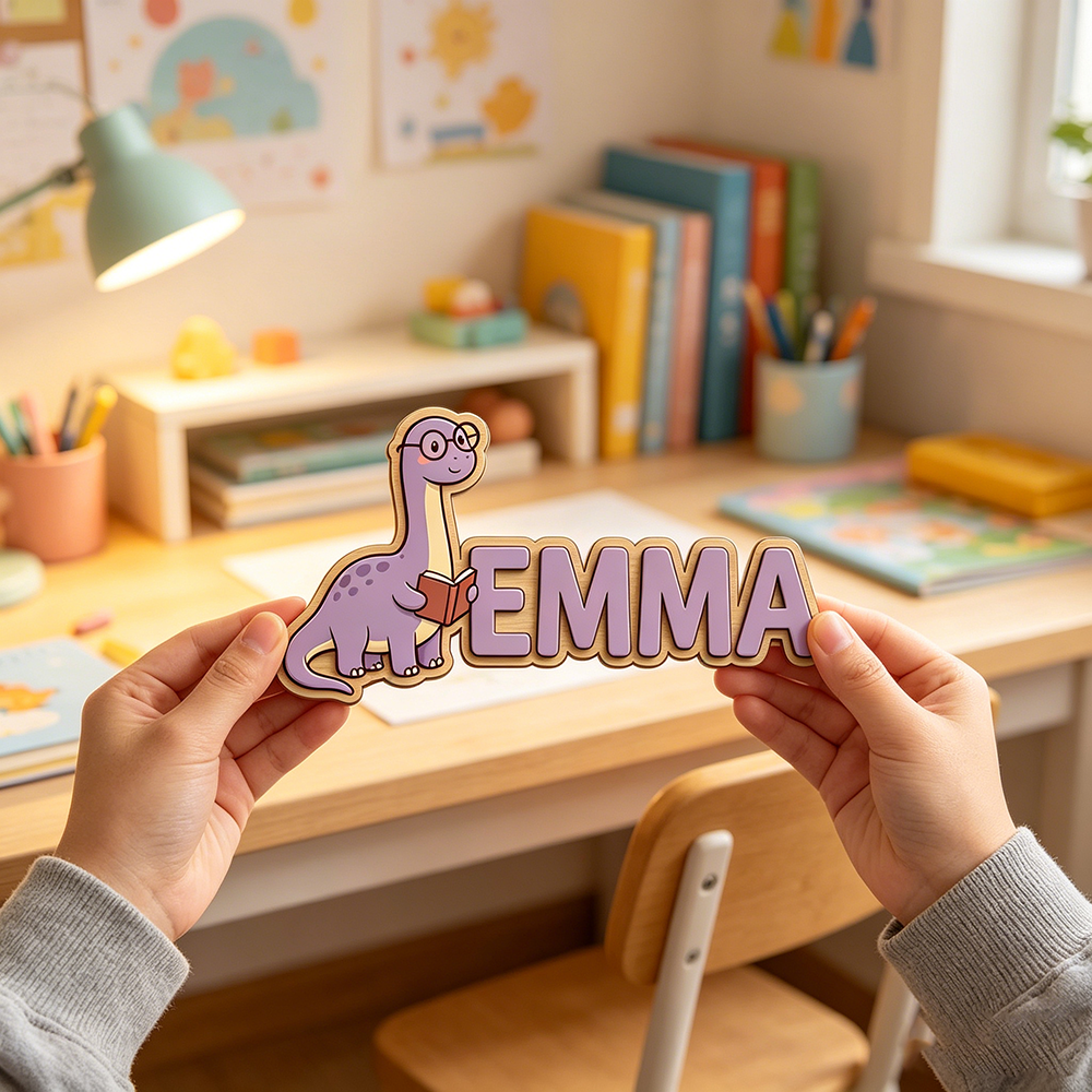 Baby Nursery Usa - Whimsical Nerdy Dinosaur Custom Name Plaque