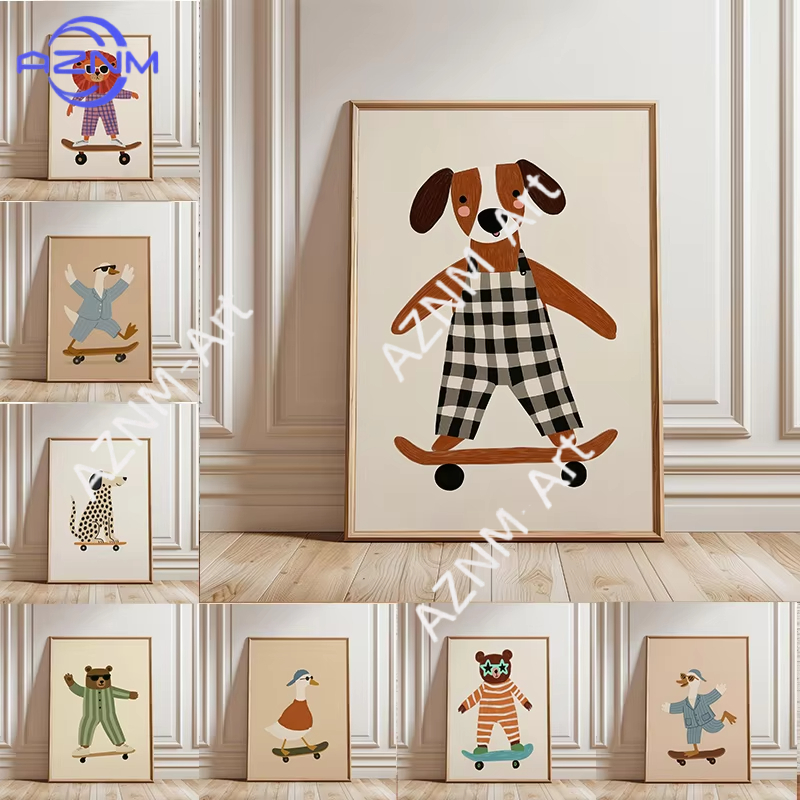 Baby Nursery Items - 1PC Funny Animal Skateboarding Poster Trendy