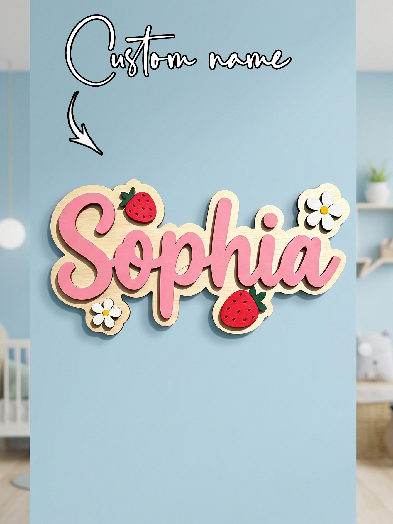 Baby Nursery Things - Custom Name Strawberry Daisy Wooden Name