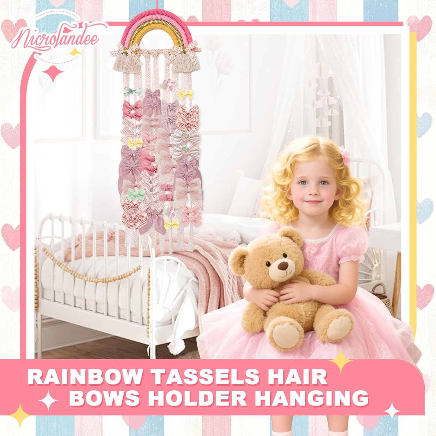 Rainbow Macrame Hair Bows Hold - Baby Nursery Hanging Decor recension och pris